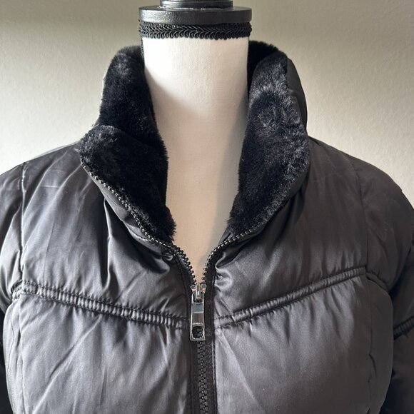 Women's Nautica Faux Fur Trim Hooded Mid-Length Black Puffer Jacket Size XL - Picture 10 of 14